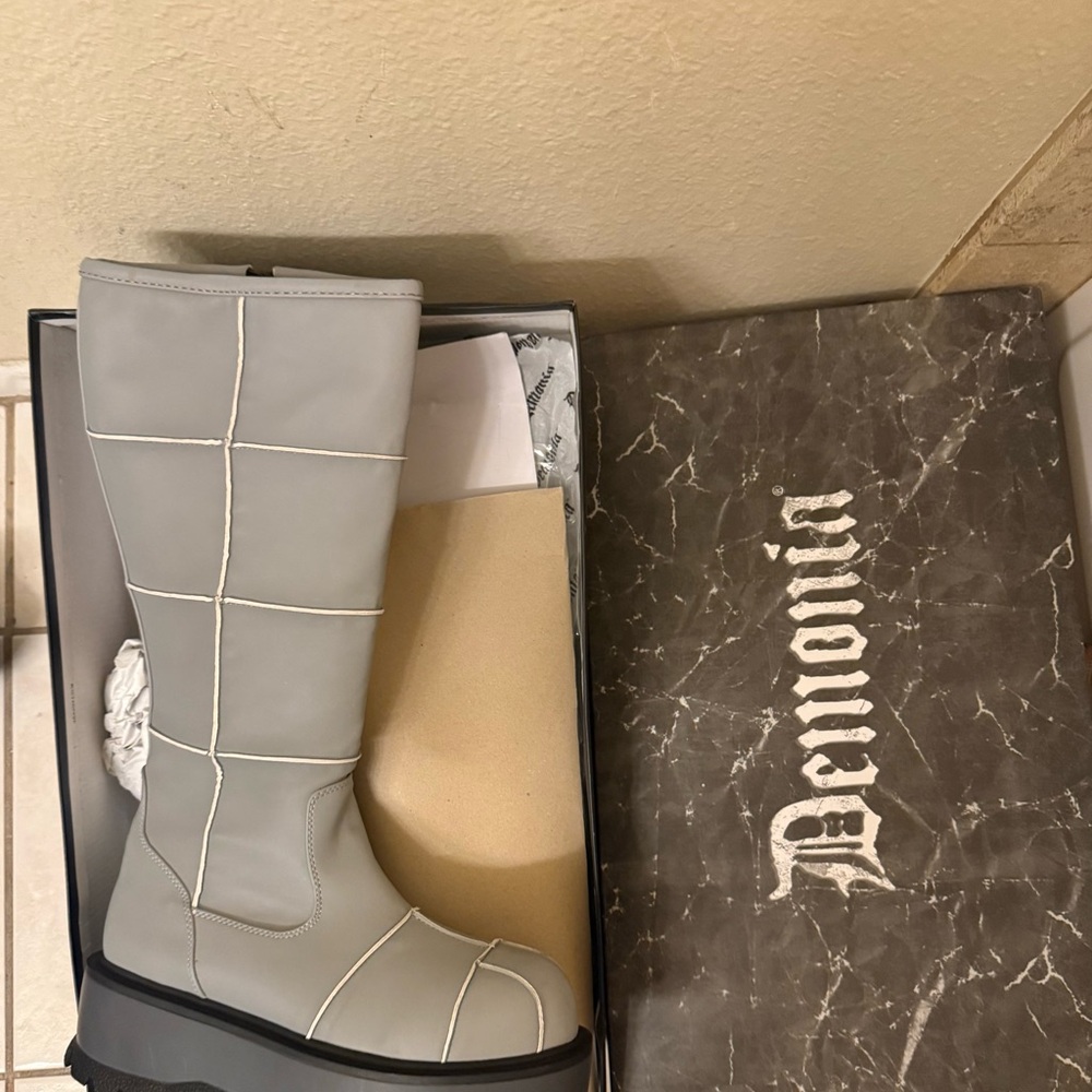 Demonia Gray Platform Boots with Quilted Design